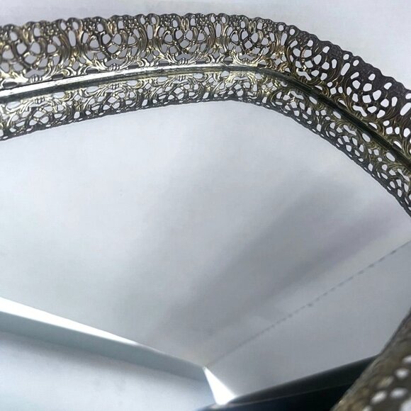 Vtg Oval Mirrored Vanity Tray Gold-tone Ornate Filigree Hollywood Regency 12X8" - Picture 2 of 15